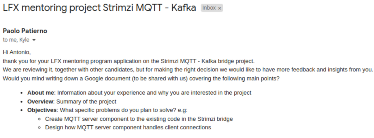 Mentor's email asking for a proposal