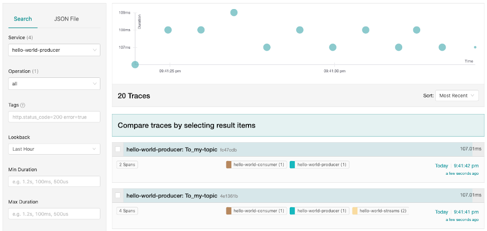 The Jaeger user interface showing a simple query
